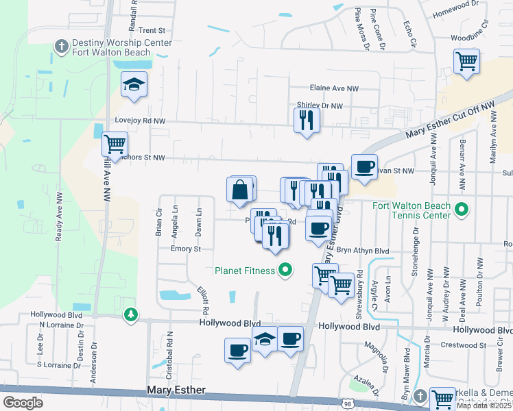 map of restaurants, bars, coffee shops, grocery stores, and more near 31 Ruby Circle in Mary Esther