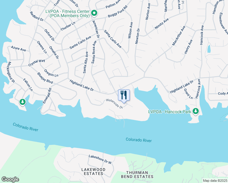 map of restaurants, bars, coffee shops, grocery stores, and more near 2002 American Drive in Lago Vista