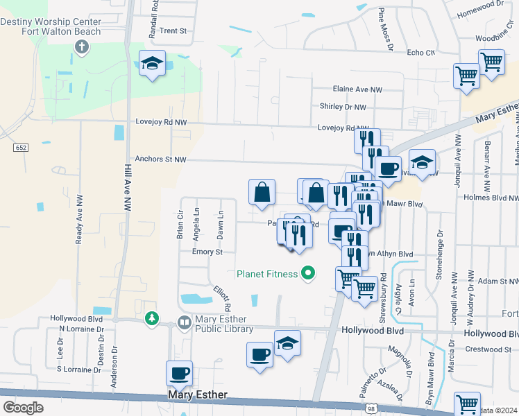 map of restaurants, bars, coffee shops, grocery stores, and more near 248 Kathy Court in Mary Esther