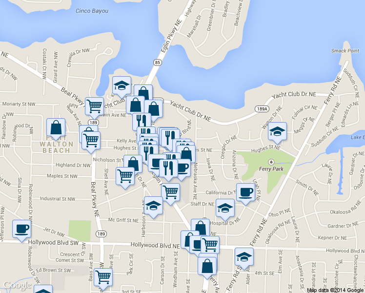 map of restaurants, bars, coffee shops, grocery stores, and more near 115 Hughes Street Northeast in Fort Walton Beach