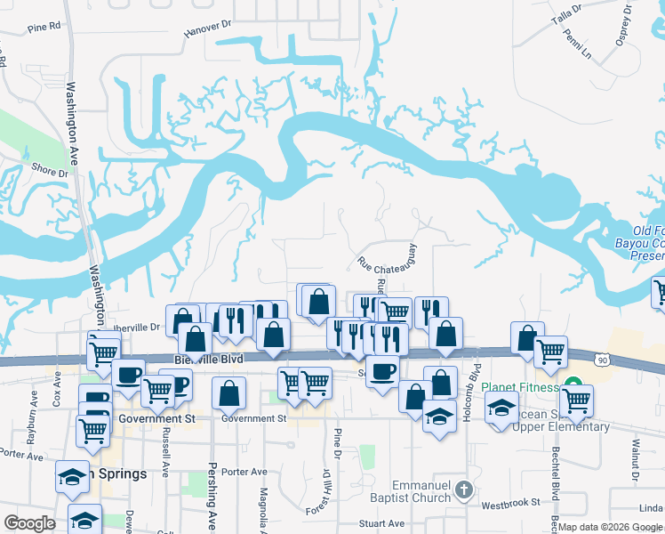 map of restaurants, bars, coffee shops, grocery stores, and more near 616 Rue Maupesant in Ocean Springs