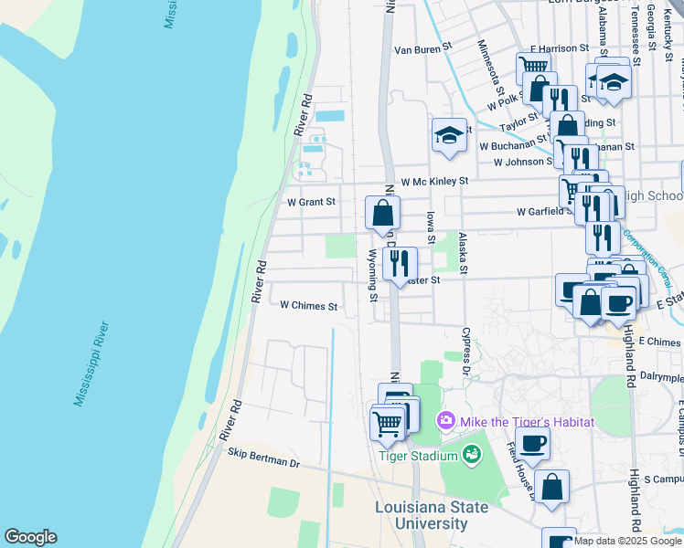 map of restaurants, bars, coffee shops, grocery stores, and more near 1122 Aster Street in Baton Rouge
