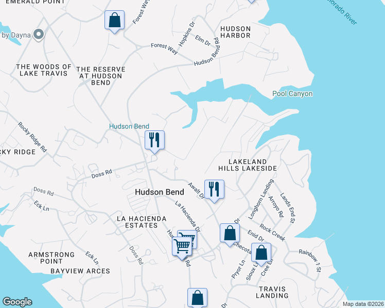map of restaurants, bars, coffee shops, grocery stores, and more near 16039 Pool Canyon Road in Austin