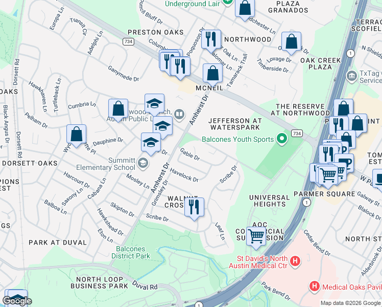 map of restaurants, bars, coffee shops, grocery stores, and more near 12303 Tipperary Cove in Austin