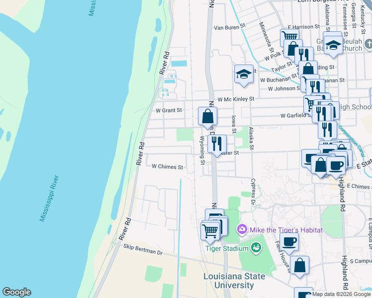 map of restaurants, bars, coffee shops, grocery stores, and more near 1122 Aster Street in Baton Rouge