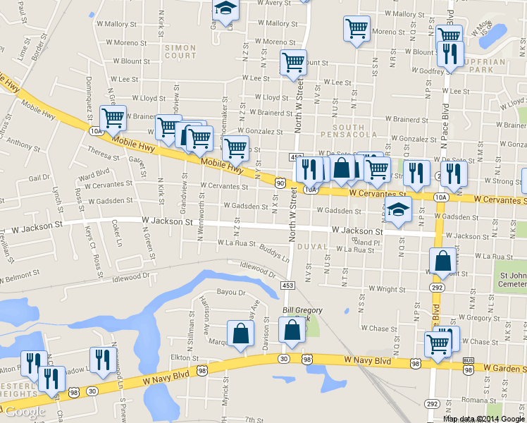 map of restaurants, bars, coffee shops, grocery stores, and more near 3007 W Gadsden St in Pensacola