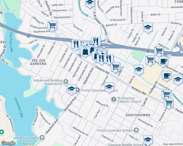 map of restaurants, bars, coffee shops, grocery stores, and more near 2206 Stanford Avenue in Baton Rouge