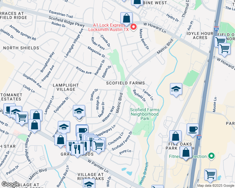 map of restaurants, bars, coffee shops, grocery stores, and more near 13025 Withers Way in Austin
