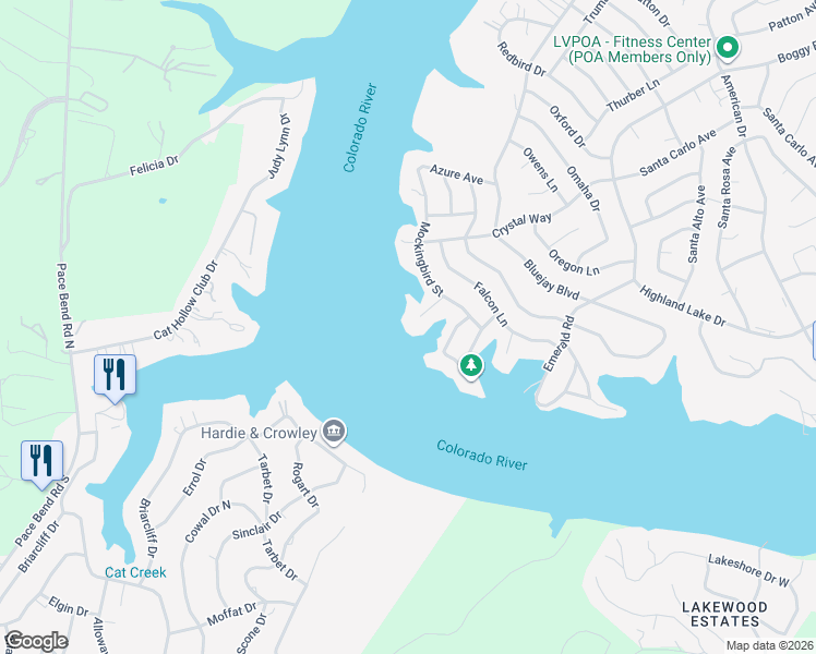 map of restaurants, bars, coffee shops, grocery stores, and more near 1200 Dusk Court in Lago Vista