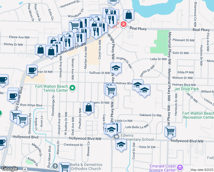 map of restaurants, bars, coffee shops, grocery stores, and more near 55 Cape Drive Northwest in Fort Walton Beach