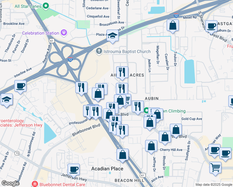 map of restaurants, bars, coffee shops, grocery stores, and more near 3484 Cedarcrest Avenue in Baton Rouge