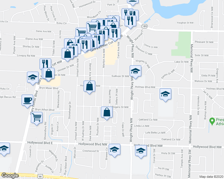 map of restaurants, bars, coffee shops, grocery stores, and more near 50 Sellers Place Northwest in Fort Walton Beach