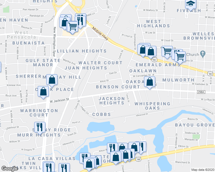 map of restaurants, bars, coffee shops, grocery stores, and more near 4008 West Gadsden Street in Pensacola