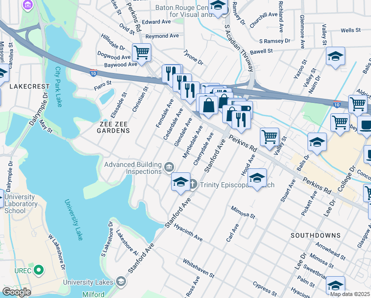 map of restaurants, bars, coffee shops, grocery stores, and more near 2111 Myrtledale Avenue in Baton Rouge