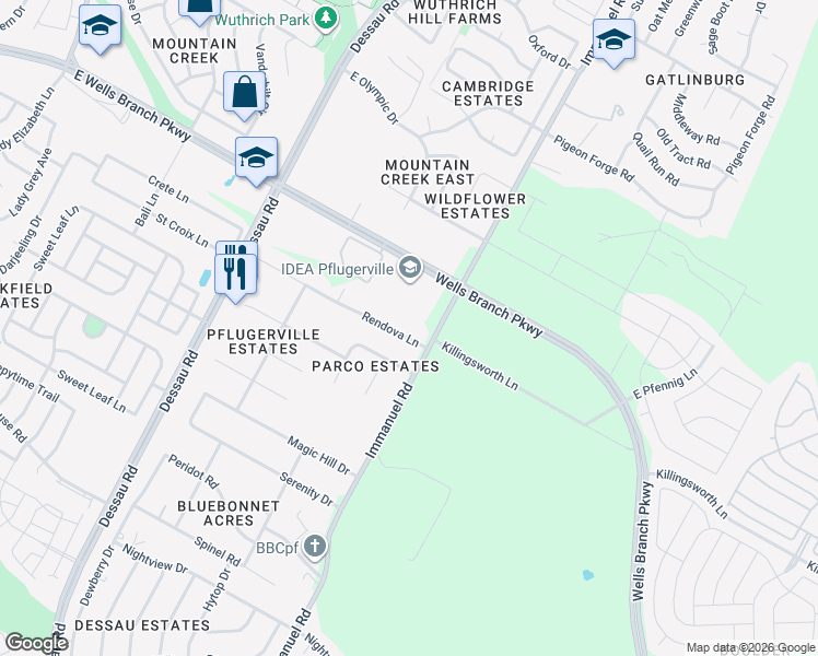 map of restaurants, bars, coffee shops, grocery stores, and more near 1904 Rendova Lane in Pflugerville