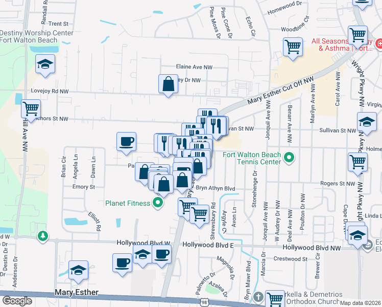 map of restaurants, bars, coffee shops, grocery stores, and more near 480 Mary Esther Boulevard in Mary Esther