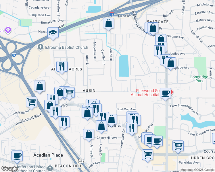 map of restaurants, bars, coffee shops, grocery stores, and more near 11147 Stanley Aubin Place in Baton Rouge