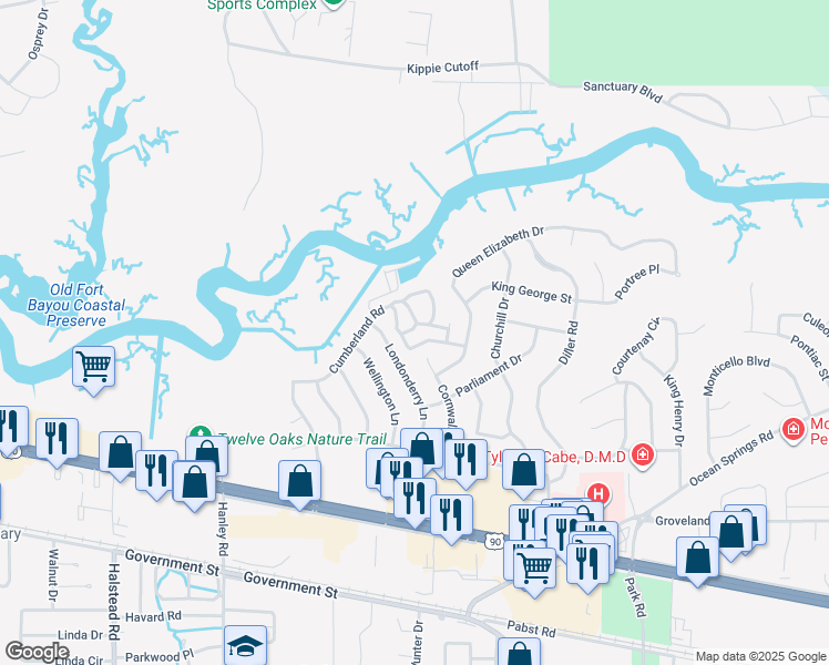 map of restaurants, bars, coffee shops, grocery stores, and more near 133 Cumberland Road in Ocean Springs
