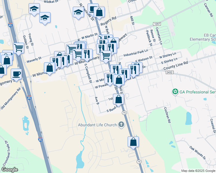 map of restaurants, bars, coffee shops, grocery stores, and more near 109 West Powell Street in Willis
