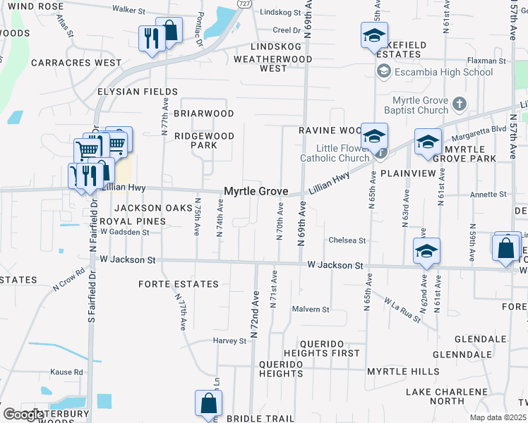map of restaurants, bars, coffee shops, grocery stores, and more near 7000 Lillian Highway in Pensacola