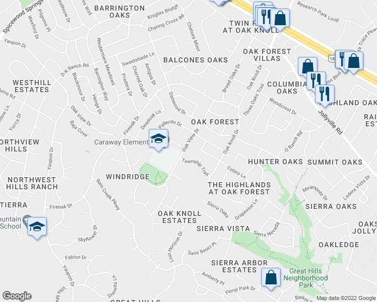map of restaurants, bars, coffee shops, grocery stores, and more near 11107 Oak View Drive in Austin