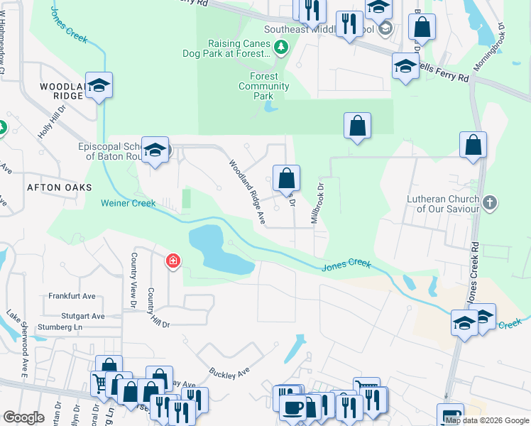 map of restaurants, bars, coffee shops, grocery stores, and more near 14124 Woodland Ridge Avenue in Baton Rouge