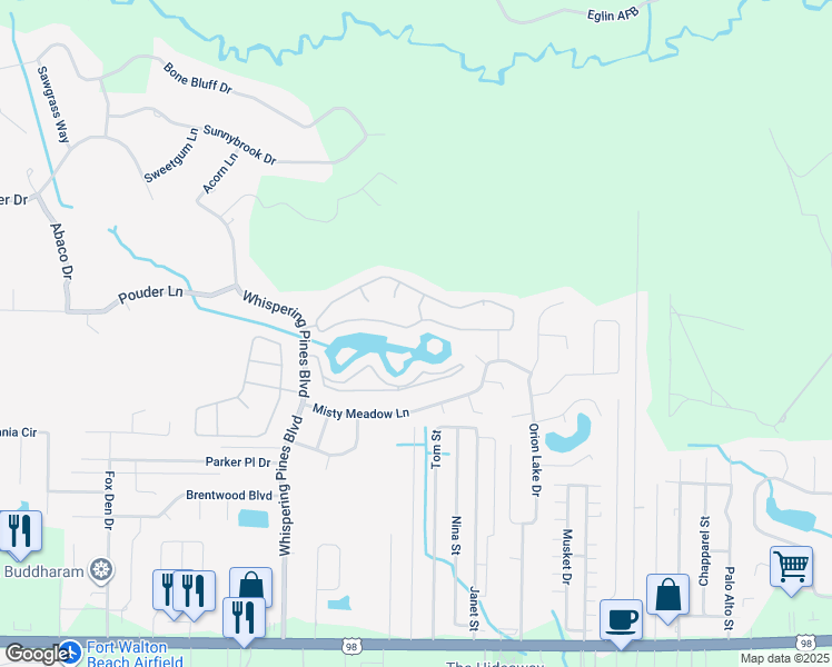 map of restaurants, bars, coffee shops, grocery stores, and more near 9954 Parker Lake Circle in Navarre