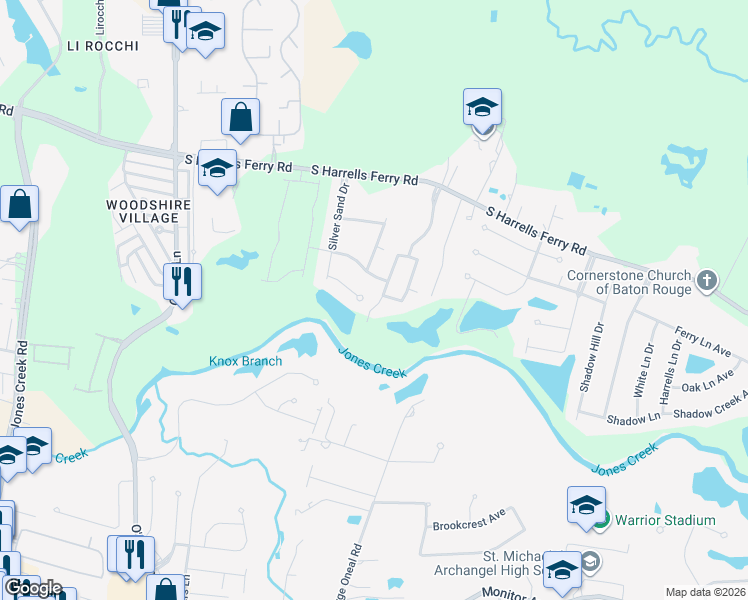 map of restaurants, bars, coffee shops, grocery stores, and more near 3418 Timber Grove Drive in Baton Rouge
