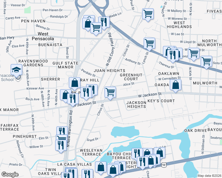 map of restaurants, bars, coffee shops, grocery stores, and more near 616 Citrus Street in Pensacola