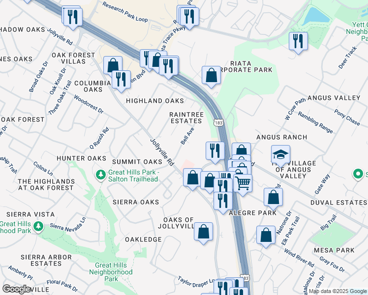 map of restaurants, bars, coffee shops, grocery stores, and more near 11727 Bell Avenue in Austin