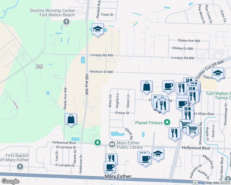 map of restaurants, bars, coffee shops, grocery stores, and more near 381 Angela Lane in Mary Esther
