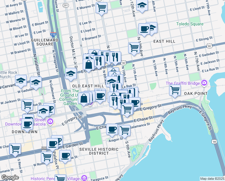 map of restaurants, bars, coffee shops, grocery stores, and more near 823 East La Rua Street in Pensacola