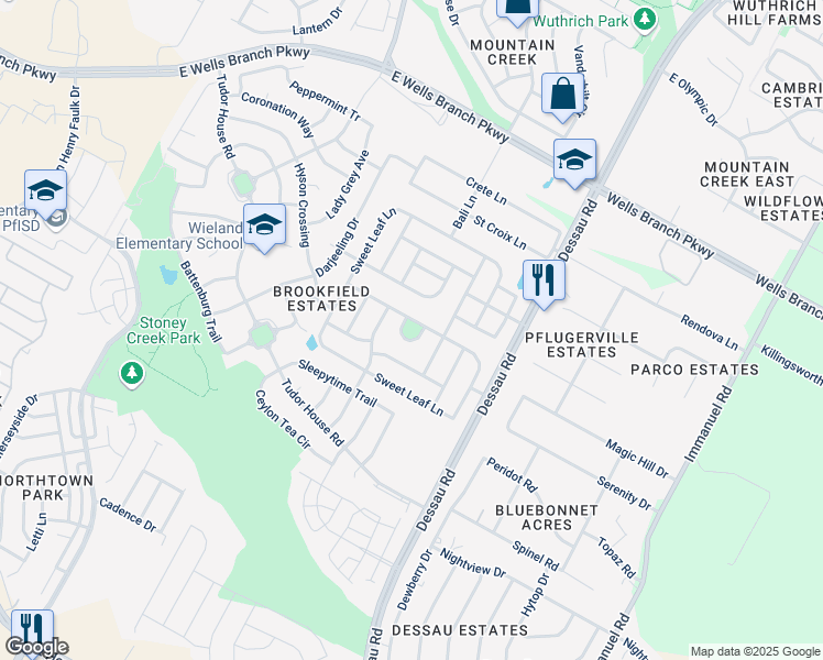 map of restaurants, bars, coffee shops, grocery stores, and more near 1617 Whittard of Chelsea Lane in Pflugerville
