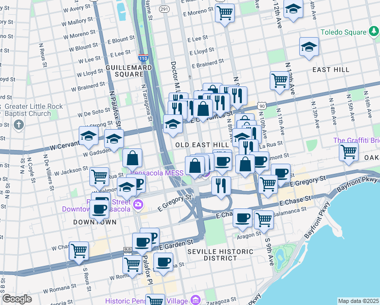 map of restaurants, bars, coffee shops, grocery stores, and more near 514 Florida 291 in Pensacola