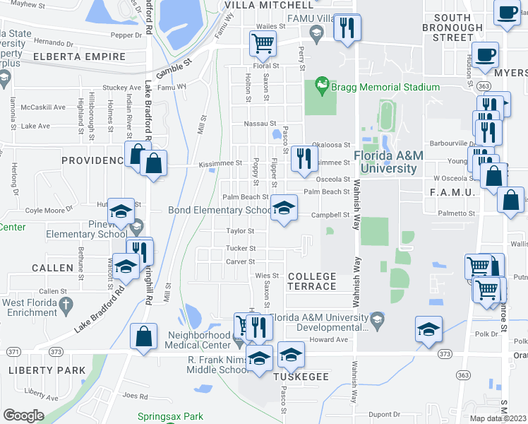 map of restaurants, bars, coffee shops, grocery stores, and more near 812 Campbell Street in Tallahassee