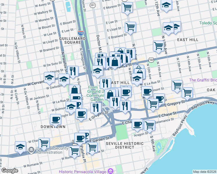map of restaurants, bars, coffee shops, grocery stores, and more near 514 Florida 291 in Pensacola