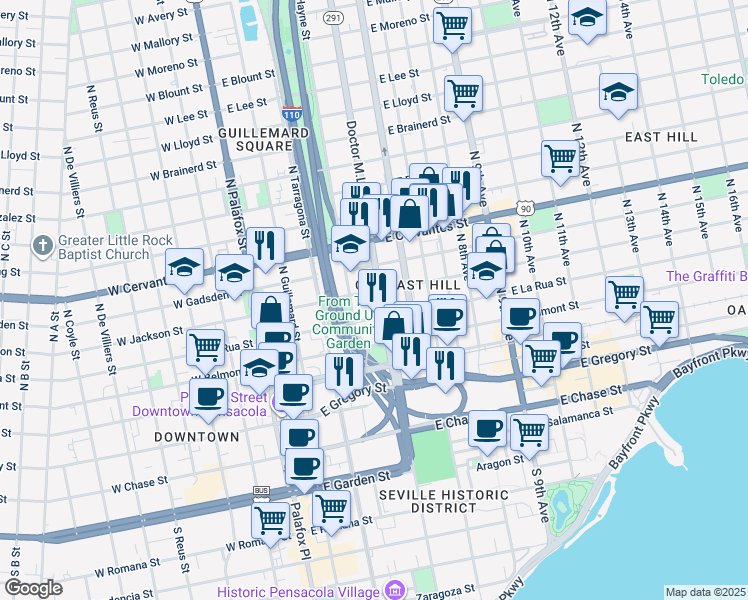 map of restaurants, bars, coffee shops, grocery stores, and more near 514 Florida 291 in Pensacola