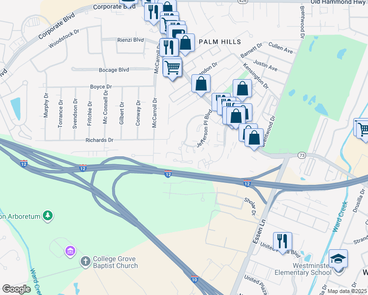 map of restaurants, bars, coffee shops, grocery stores, and more near 7732 Jefferson Place Boulevard in Baton Rouge