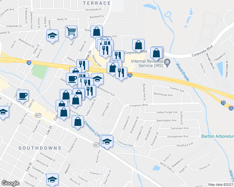 map of restaurants, bars, coffee shops, grocery stores, and more near 4939 Jamestown Avenue in Baton Rouge