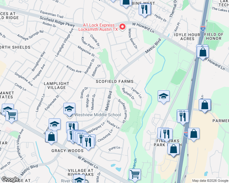 map of restaurants, bars, coffee shops, grocery stores, and more near 13047 Scofield Farms Drive in Austin