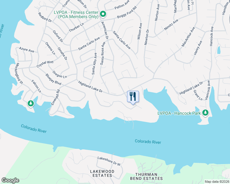map of restaurants, bars, coffee shops, grocery stores, and more near 2002 American Drive in Lago Vista