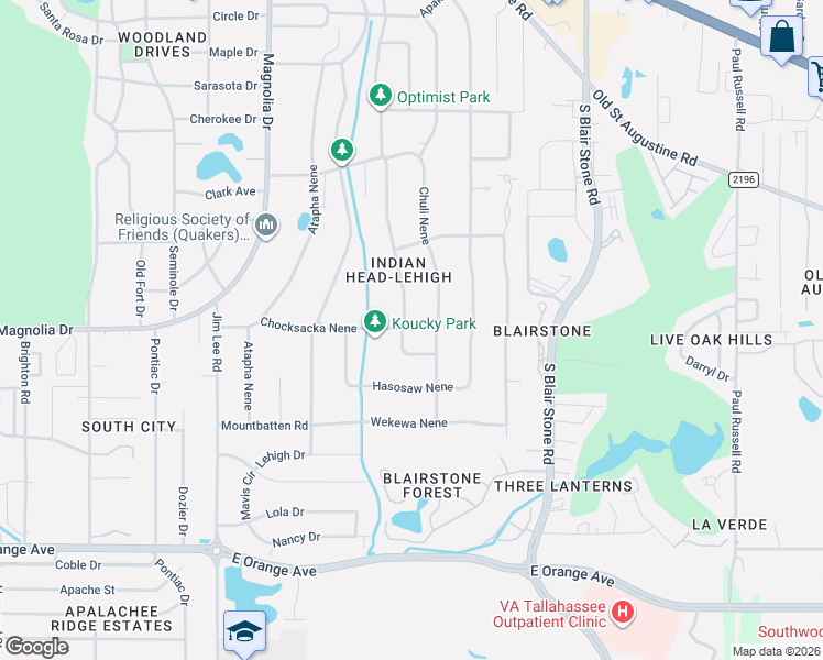 map of restaurants, bars, coffee shops, grocery stores, and more near 2019 East Indianhead Drive in Tallahassee