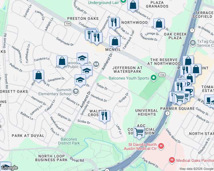 map of restaurants, bars, coffee shops, grocery stores, and more near 12303 Tipperary Cove in Austin