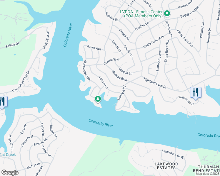 map of restaurants, bars, coffee shops, grocery stores, and more near 21606 Falcon Lane in Lago Vista