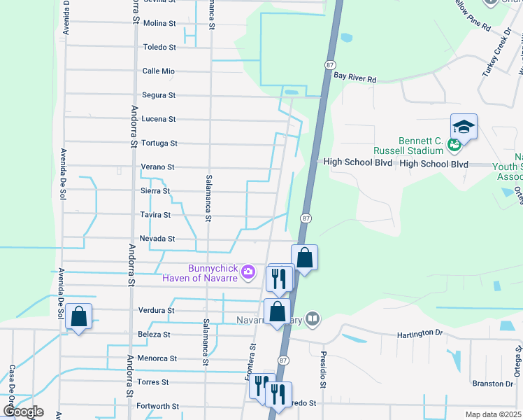 map of restaurants, bars, coffee shops, grocery stores, and more near 8408 Tavira Street in Navarre