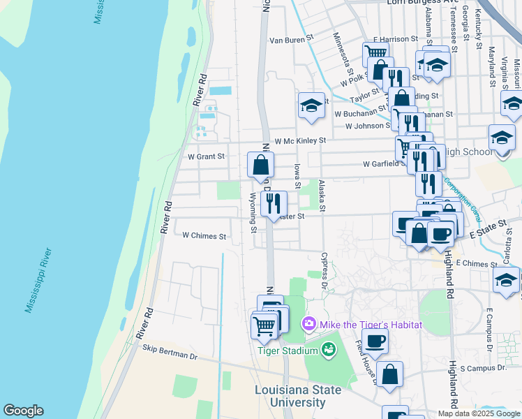 map of restaurants, bars, coffee shops, grocery stores, and more near 3164 Nicholson Drive in Baton Rouge