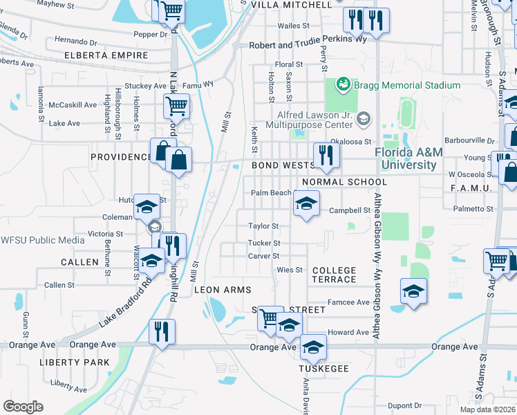 map of restaurants, bars, coffee shops, grocery stores, and more near 2147 Keith Street in Tallahassee