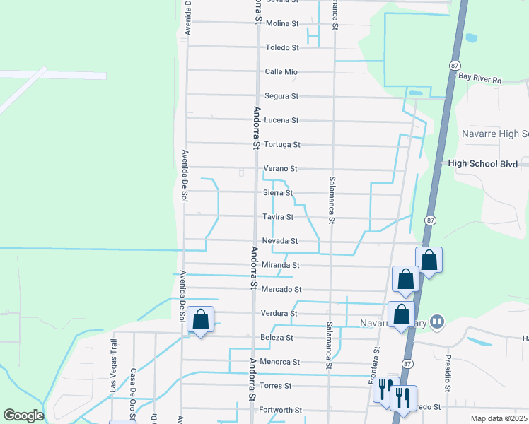 map of restaurants, bars, coffee shops, grocery stores, and more near 8224 Tavira Street in Navarre