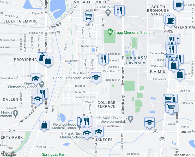map of restaurants, bars, coffee shops, grocery stores, and more near 2147 Pasco Street in Tallahassee
