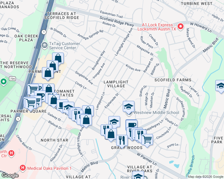 map of restaurants, bars, coffee shops, grocery stores, and more near 2007 Scofield Lane in Austin
